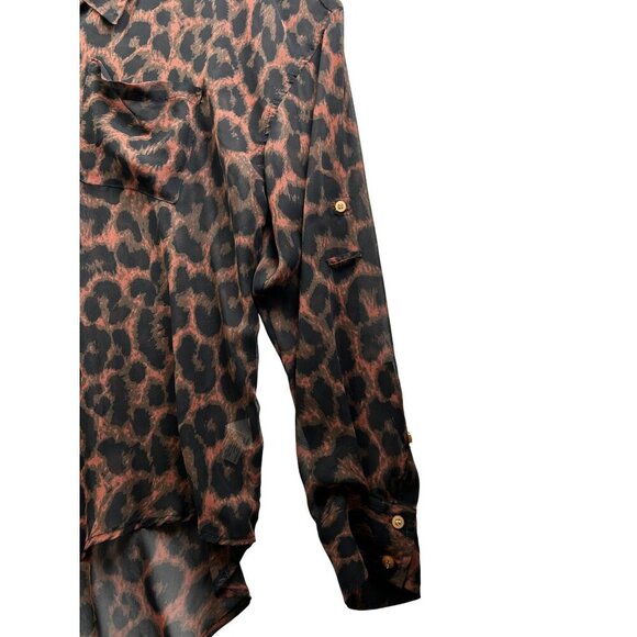 FREE PEOPLE Sheer Leopard Animal Print Button-Up High-Low Long Sleeve Blouse L - Picture 5 of 8